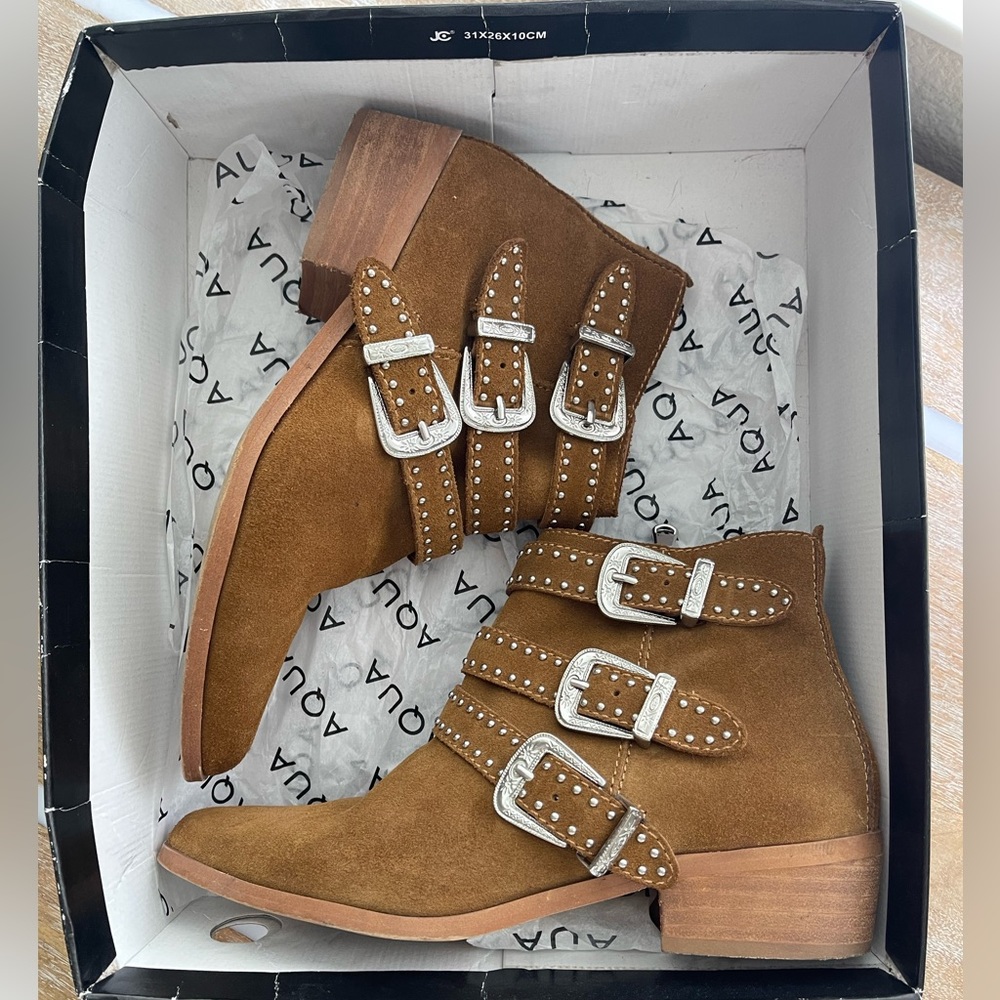 Brown suede western embellished boot ankle booties size 7 free people revolve